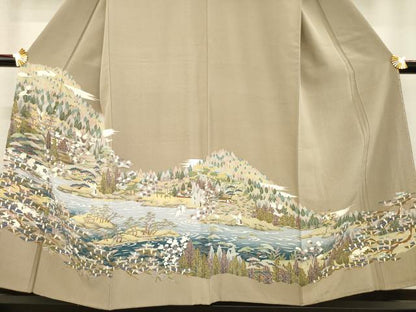 平和屋着物●訪問着　友禅　飛鶴風景文　正絹　逸品　AABE4462ck