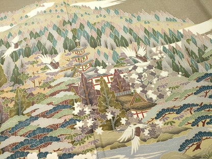 平和屋着物●訪問着　友禅　飛鶴風景文　正絹　逸品　AABE4462ck