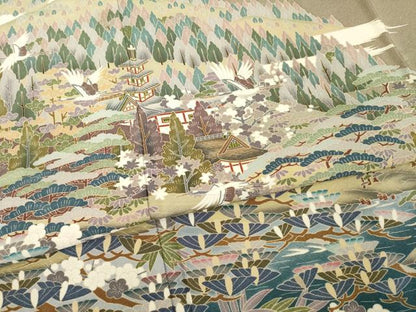 平和屋着物●訪問着　友禅　飛鶴風景文　正絹　逸品　AABE4462ck