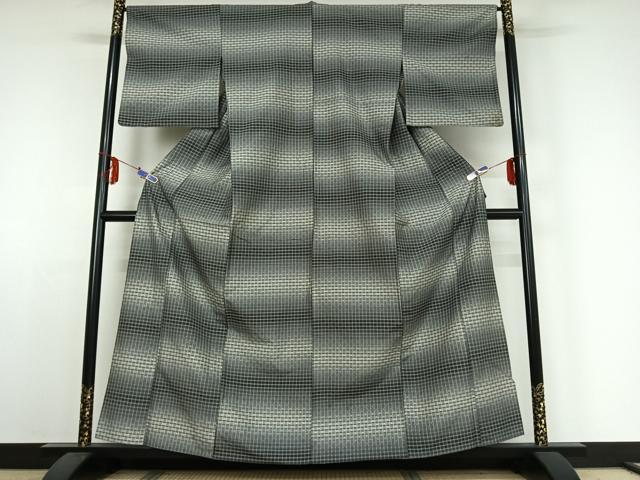 平和屋着物▽上質な紬 単衣 花織 横段文 正絹 逸品 AABE4641jh