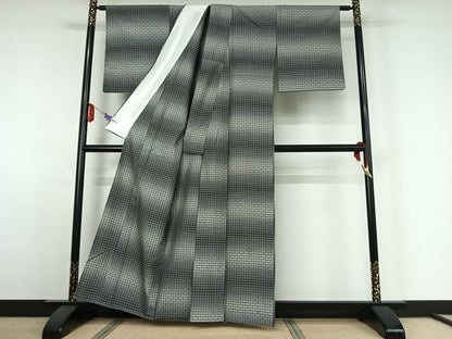 平和屋着物▽上質な紬 単衣 花織 横段文 正絹 逸品 AABE4641jh