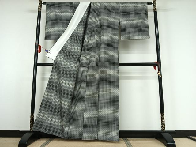 平和屋着物▽上質な紬 単衣 花織 横段文 正絹 逸品 AABE4641jh