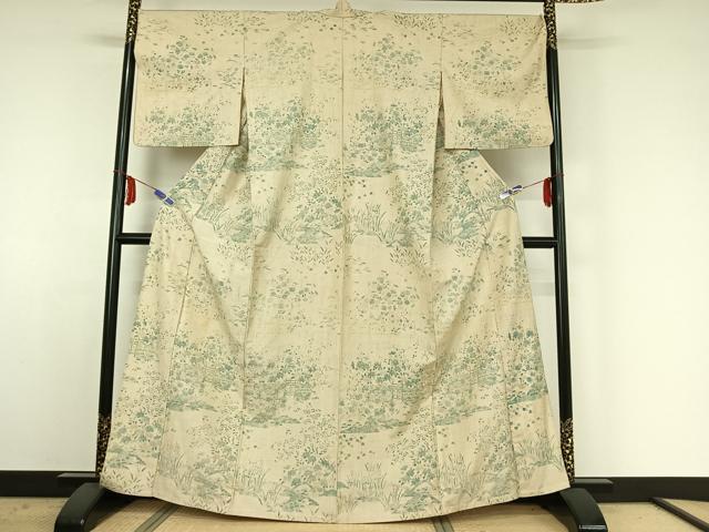 平和屋着物▽訪問着 単衣 紬地 風景花籬文 正絹 逸品 AABE4650jh