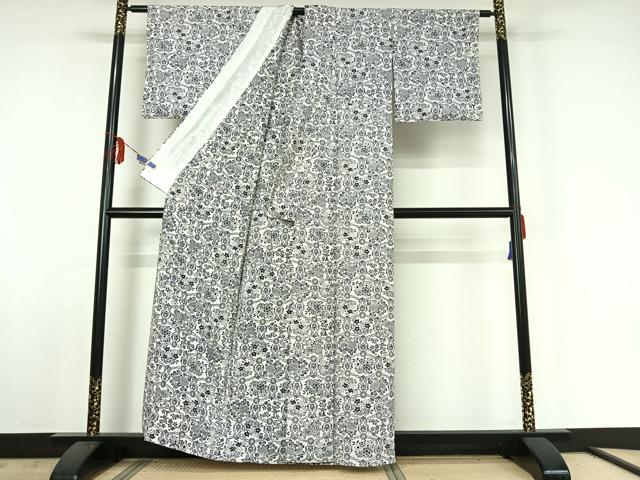 平和屋着物▽上質な小紋 単衣 草花文 正絹 逸品 AABE4653jh