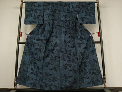 平和屋着物▽上質な紬 単衣 草葉文 正絹 逸品 AABE4655jh
