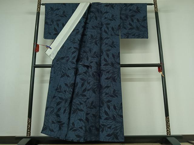 平和屋着物▽上質な紬 単衣 草葉文 正絹 逸品 AABE4655jh