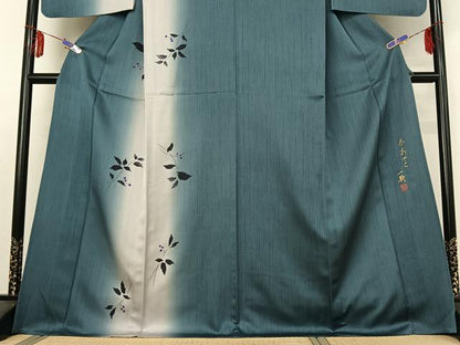 平和屋着物▽染色作家　草野一騎　訪問着　単衣　草花文　暈し染め　金彩　ロング丈　正絹　逸品　AABE4656jh