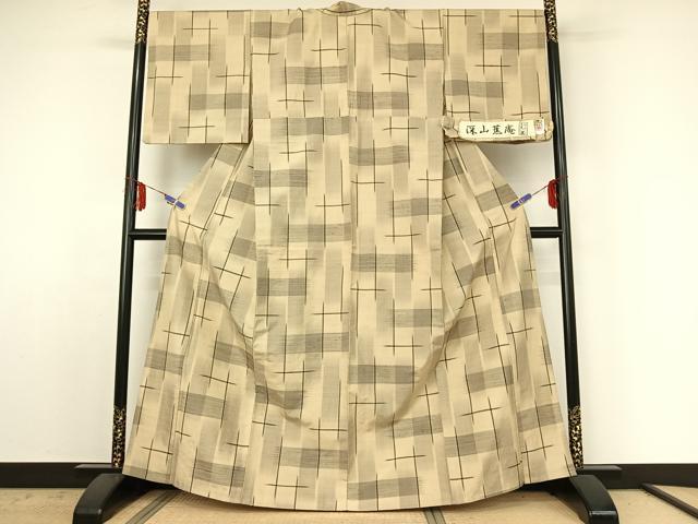 平和屋着物▽上質な紬 単衣 格子 深山蕉庵 証紙付き 正絹 逸品 AABE4659jh