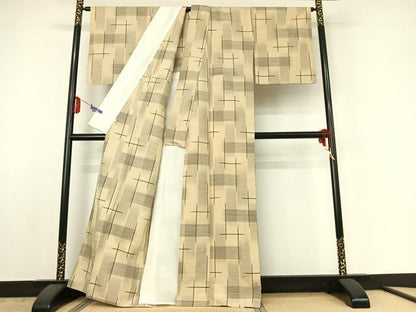 平和屋着物▽上質な紬 単衣 格子 深山蕉庵 証紙付き 正絹 逸品 AABE4659jh