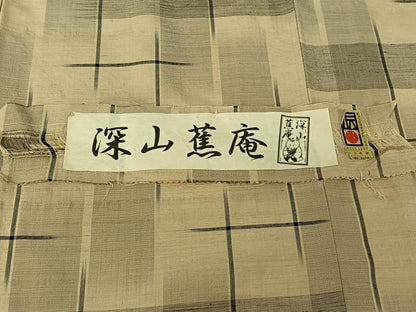 平和屋着物▽上質な紬 単衣 格子 深山蕉庵 証紙付き 正絹 逸品 AABE4659jh