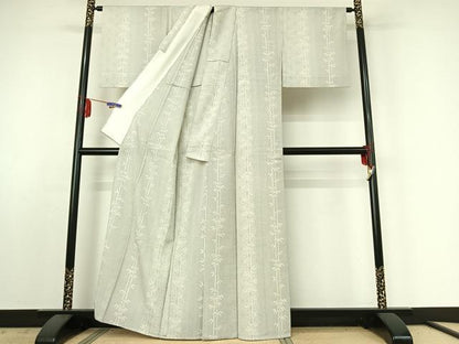平和屋着物▽本塩沢 単衣 笹竹文 正絹 逸品 AABE4661jh