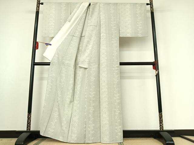 平和屋着物▽本塩沢 単衣 笹竹文 正絹 逸品 AABE4661jh