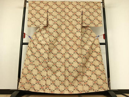 平和屋着物▽上質な紬 単衣 草花文 正絹 逸品 AABE4669jh