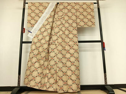 平和屋着物▽上質な紬 単衣 草花文 正絹 逸品 AABE4669jh