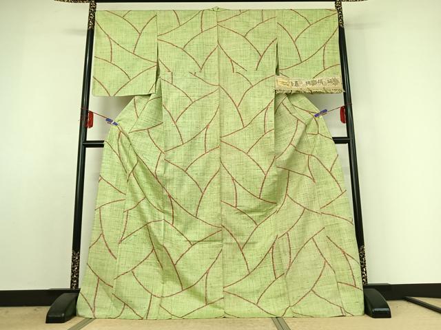 平和屋着物▽真綿結城 単衣 幾何学文様 証紙付き ロング丈 正絹 逸品 AABE4677jh