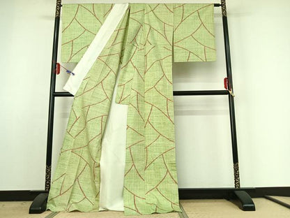 平和屋着物▽真綿結城 単衣 幾何学文様 証紙付き ロング丈 正絹 逸品 AABE4677jh