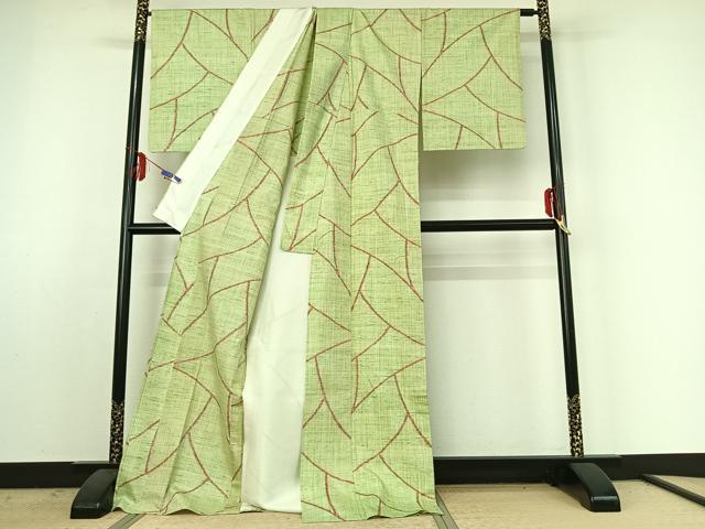 平和屋着物▽真綿結城 単衣 幾何学文様 証紙付き ロング丈 正絹 逸品 AABE4677jh