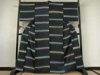 平和屋着物▽上質な小紋 単衣 横段文 暈し染め 正絹 逸品 AABE4680jh