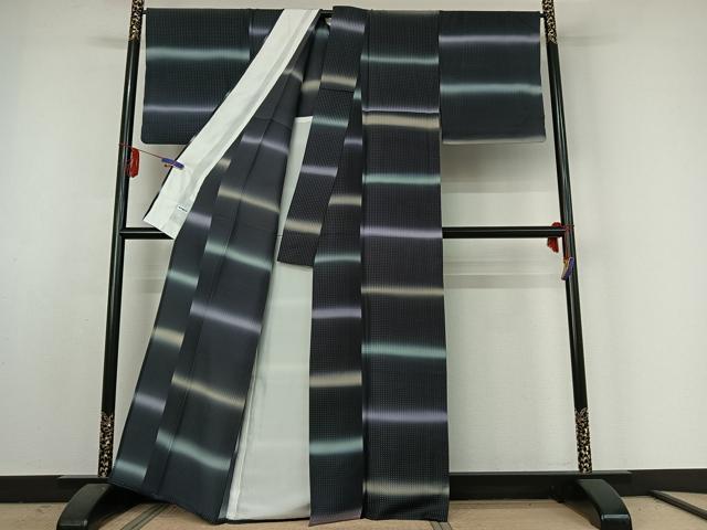 平和屋着物▽上質な小紋 単衣 横段文 暈し染め 正絹 逸品 AABE4680jh