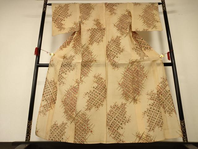 平和屋着物＊夏物 小紋 紗 ちぢみ織り 幾何学文様 正絹 逸品 AABE4681jd