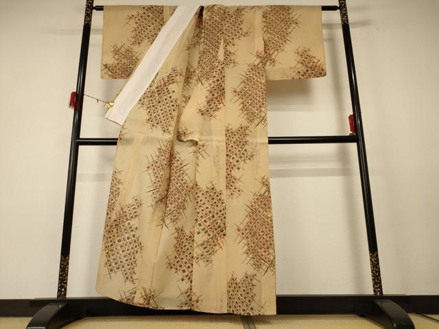 平和屋着物＊夏物 小紋 紗 ちぢみ織り 幾何学文様 正絹 逸品 AABE4681jd