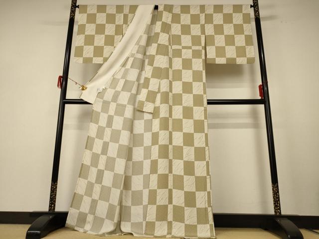 平和屋着物＊夏物 小紋 絽 市松草葉文 洗える着物 AABE4687jd