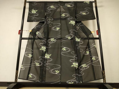 平和屋着物＊夏物 小紋 絽 流水草花文 洗える着物 AABE4699jd