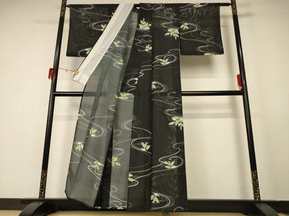 平和屋着物＊夏物 小紋 絽 流水草花文 洗える着物 AABE4699jd