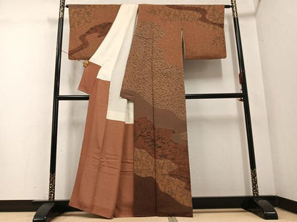 平和屋着物●人間国宝・南部芳松の息子 伝統工芸伝承者彫刻・南部幸雄　型染　訪問着　草花文　鬼しぼ縮緬　正絹　逸品　AABE4825ph