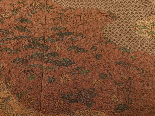 平和屋着物●人間国宝・南部芳松の息子 伝統工芸伝承者彫刻・南部幸雄　型染　訪問着　草花文　鬼しぼ縮緬　正絹　逸品　AABE4825ph