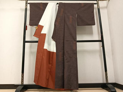 平和屋着物●上質な紬　刺繍　刺し子　吉祥文　正絹　逸品　AABE4854ph