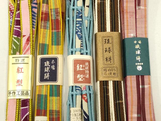 平和屋着物●和装小物　上質な帯締め5本セット　本場琉球絣　紅型　正絹　逸品　全て未使用　AABE4970ay