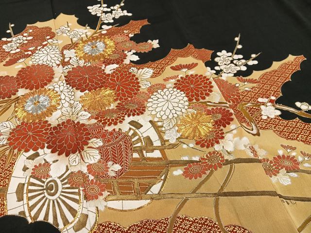 平和屋着物■豪華黒留袖 駒刺繍 花車文 金彩 正絹 逸品 AABE5093oa