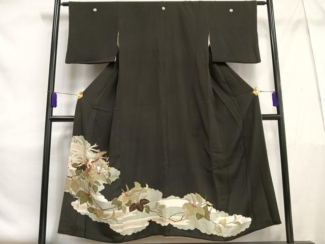 平和屋着物■アンティーク　大正ロマン　黒留袖　刺繍　鳳凰桐の花文　金糸　金彩　正絹　逸品　AABE5151oa