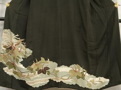 平和屋着物■アンティーク　大正ロマン　黒留袖　刺繍　鳳凰桐の花文　金糸　金彩　正絹　逸品　AABE5151oa
