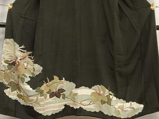 平和屋着物■アンティーク　大正ロマン　黒留袖　刺繍　鳳凰桐の花文　金糸　金彩　正絹　逸品　AABE5151oa