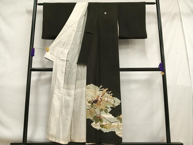 平和屋着物■アンティーク　大正ロマン　黒留袖　刺繍　鳳凰桐の花文　金糸　金彩　正絹　逸品　AABE5151oa