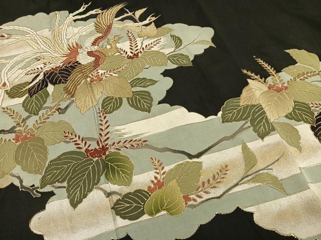 平和屋着物■アンティーク　大正ロマン　黒留袖　刺繍　鳳凰桐の花文　金糸　金彩　正絹　逸品　AABE5151oa