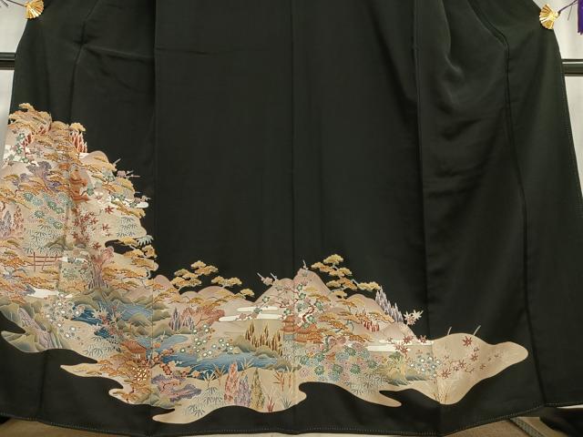 平和屋着物■豪華黒留袖　風景松竹梅文　金彩　正絹　逸品　AABE5154oa