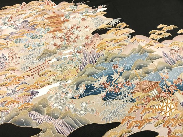 平和屋着物■豪華黒留袖　風景松竹梅文　金彩　正絹　逸品　AABE5154oa