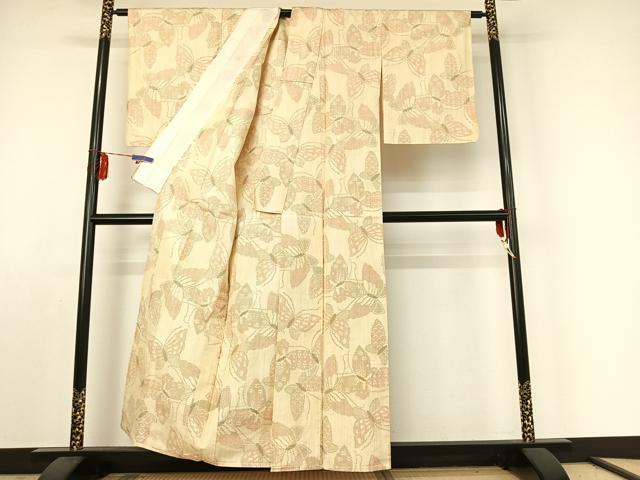 平和屋着物▽上質な紬 単衣 舞蝶文 正絹 逸品 AABE5161jh