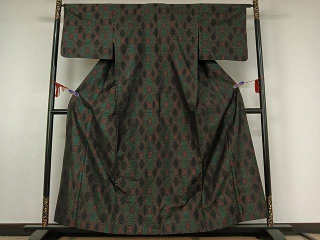 平和屋着物▽本場大島紬　単衣　幾何学文様　正絹　逸品　AABE5165jh
