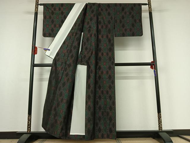 平和屋着物▽本場大島紬　単衣　幾何学文様　正絹　逸品　AABE5165jh