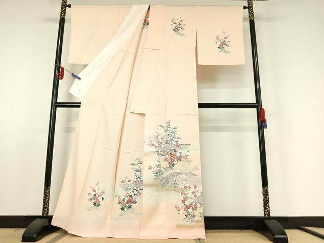 平和屋着物▽訪問着 単衣 風景花文 暈し染め 金彩 正絹 逸品 AABE5167jh