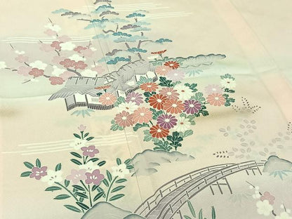 平和屋着物▽訪問着 単衣 風景花文 暈し染め 金彩 正絹 逸品 AABE5167jh