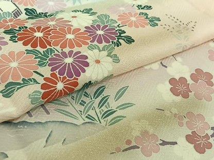 平和屋着物▽訪問着 単衣 風景花文 暈し染め 金彩 正絹 逸品 AABE5167jh