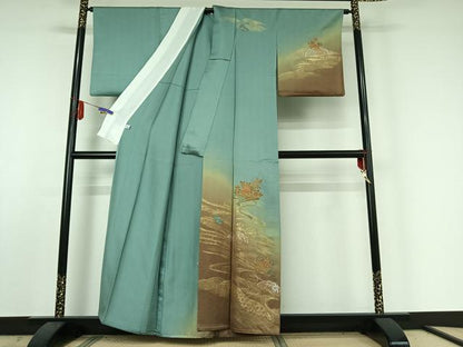 平和屋着物▽訪問着 単衣 中国三大刺繍 汕頭刺繍 スワトウ刺繍 扇面花文 暈し染め 金銀彩 正絹 逸品 AABE5175jh