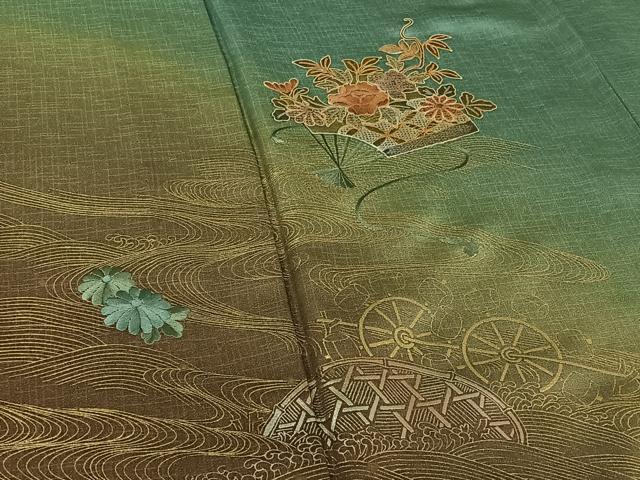 平和屋着物▽訪問着 単衣 中国三大刺繍 汕頭刺繍 スワトウ刺繍 扇面花文 暈し染め 金銀彩 正絹 逸品 AABE5175jh