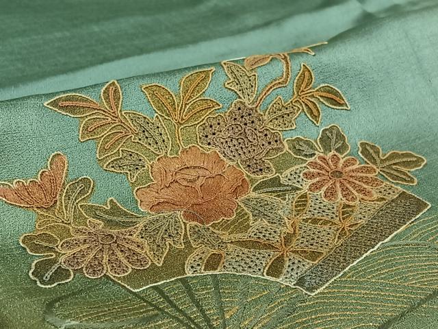 平和屋着物▽訪問着 単衣 中国三大刺繍 汕頭刺繍 スワトウ刺繍 扇面花文 暈し染め 金銀彩 正絹 逸品 AABE5175jh