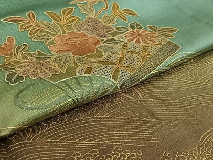 平和屋着物▽訪問着 単衣 中国三大刺繍 汕頭刺繍 スワトウ刺繍 扇面花文 暈し染め 金銀彩 正絹 逸品 AABE5175jh